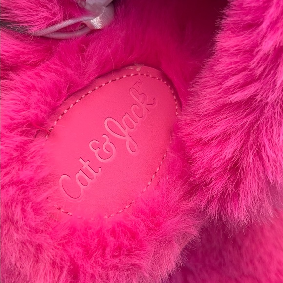 Cat & Jack Pink Fuzzy Slippers with Red Bow - Picture 7 of 8